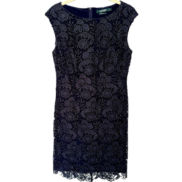 Lauren Ralph Lauren Evening Dress Lighthouse Navy Floral Lace Overlay Sz 8 - Picture 1 of 8